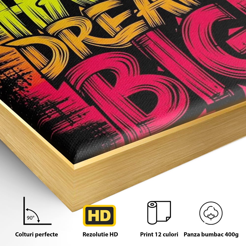 Detaliu al suprafetei: tablou canvas motivational cu text grafic, in rama de aluminiu auriu